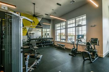 A gym with a variety of equipment including weights and cardio machines.
